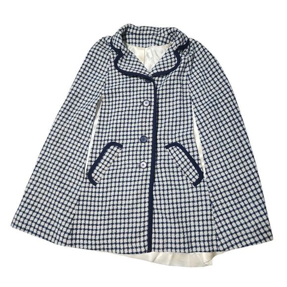 Vintage Juli De Roma Cape Coat Blue White Check Sherlock Trim Pockets - Picture 1 of 13
